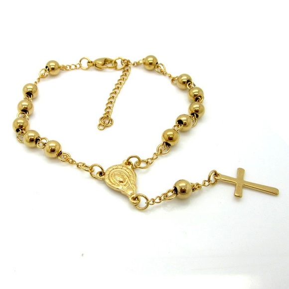 Stainless Steel Cross Pendant Bead Bracelet - Picture 4 of 6